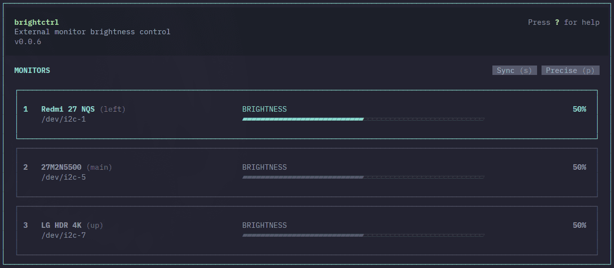 The brightctrl terminal interface listing three external monitors with their i2c devices, aliases, and brightness bars set to 50 percent