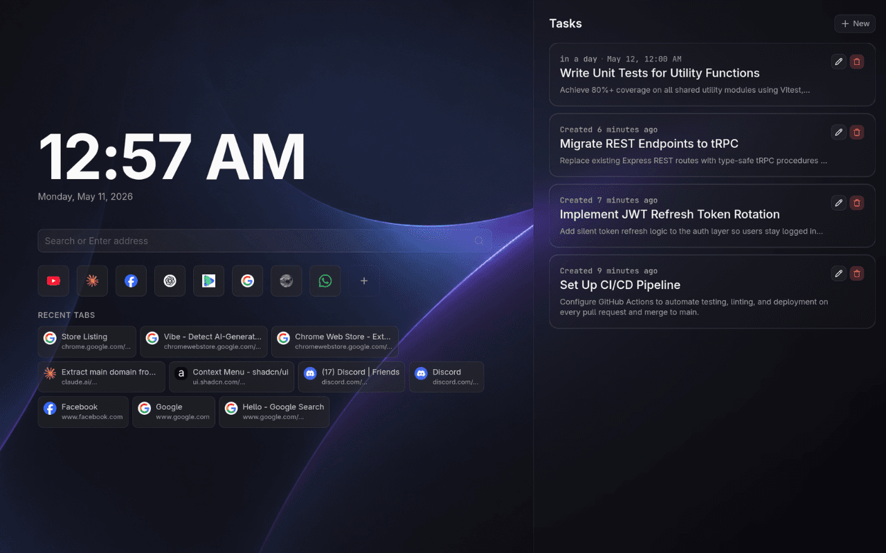 The DxHome new tab: a large clock over a blue and violet wallpaper, a command bar, shortcut icons, recently closed tabs, and a tasks panel down the right side