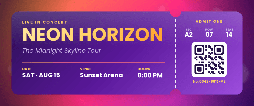An event ticket rendered with easy-pil, with a perforated edge and event details
