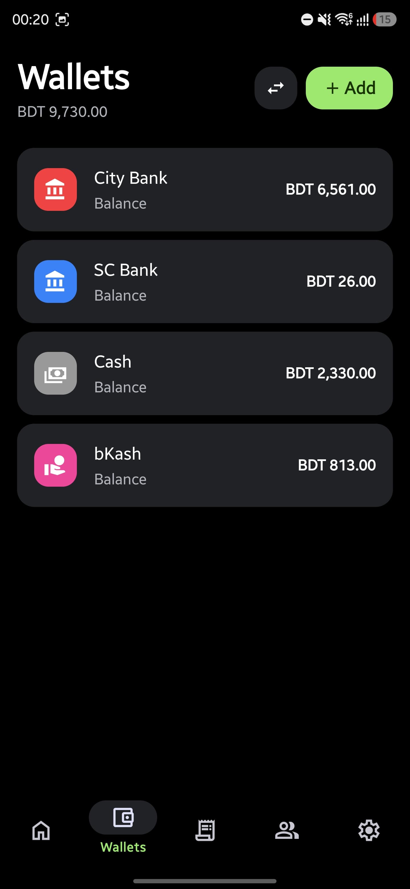 FinX wallets screen listing City Bank, SC Bank, Cash and bKash, each with its own color and live balance