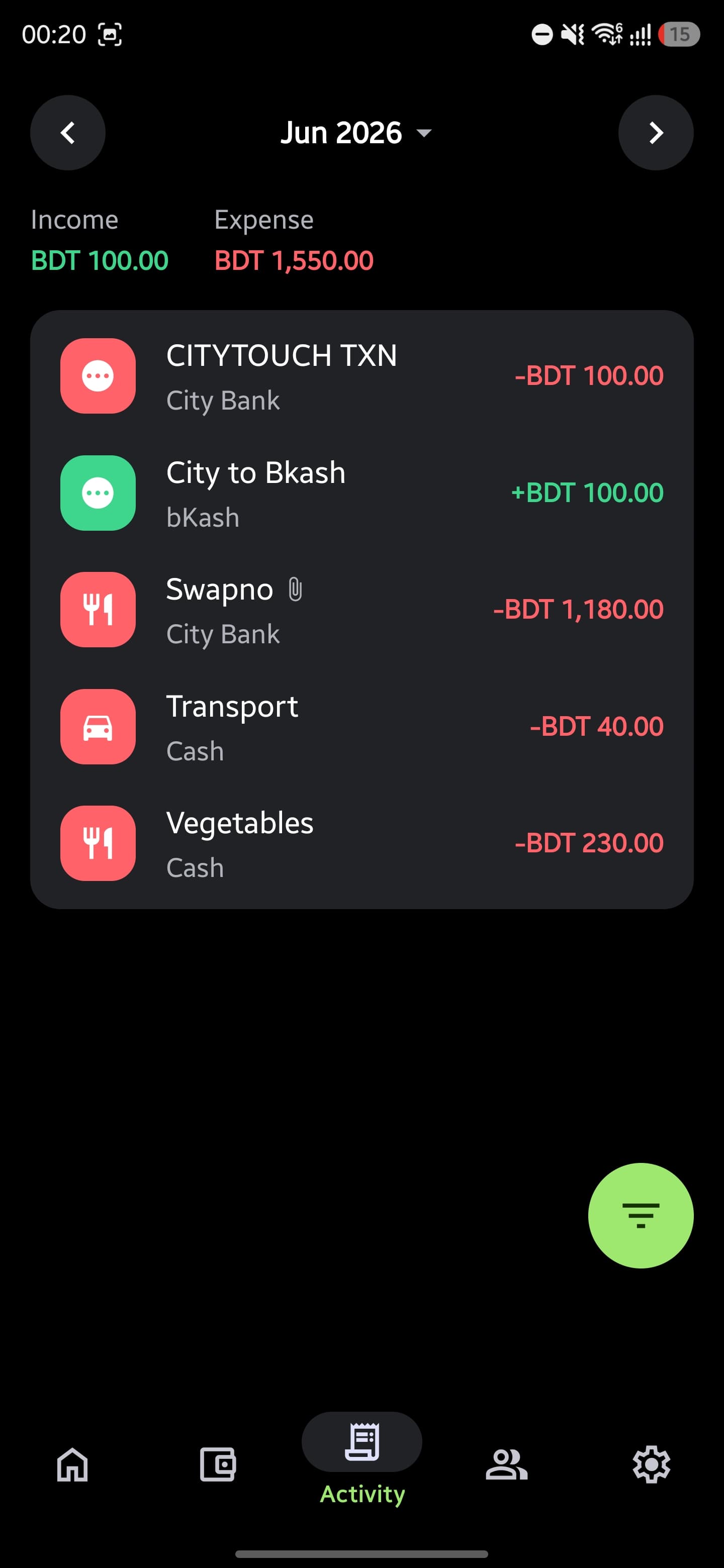 FinX activity screen for June 2026 with monthly income and expense totals and transactions grouped by wallet
