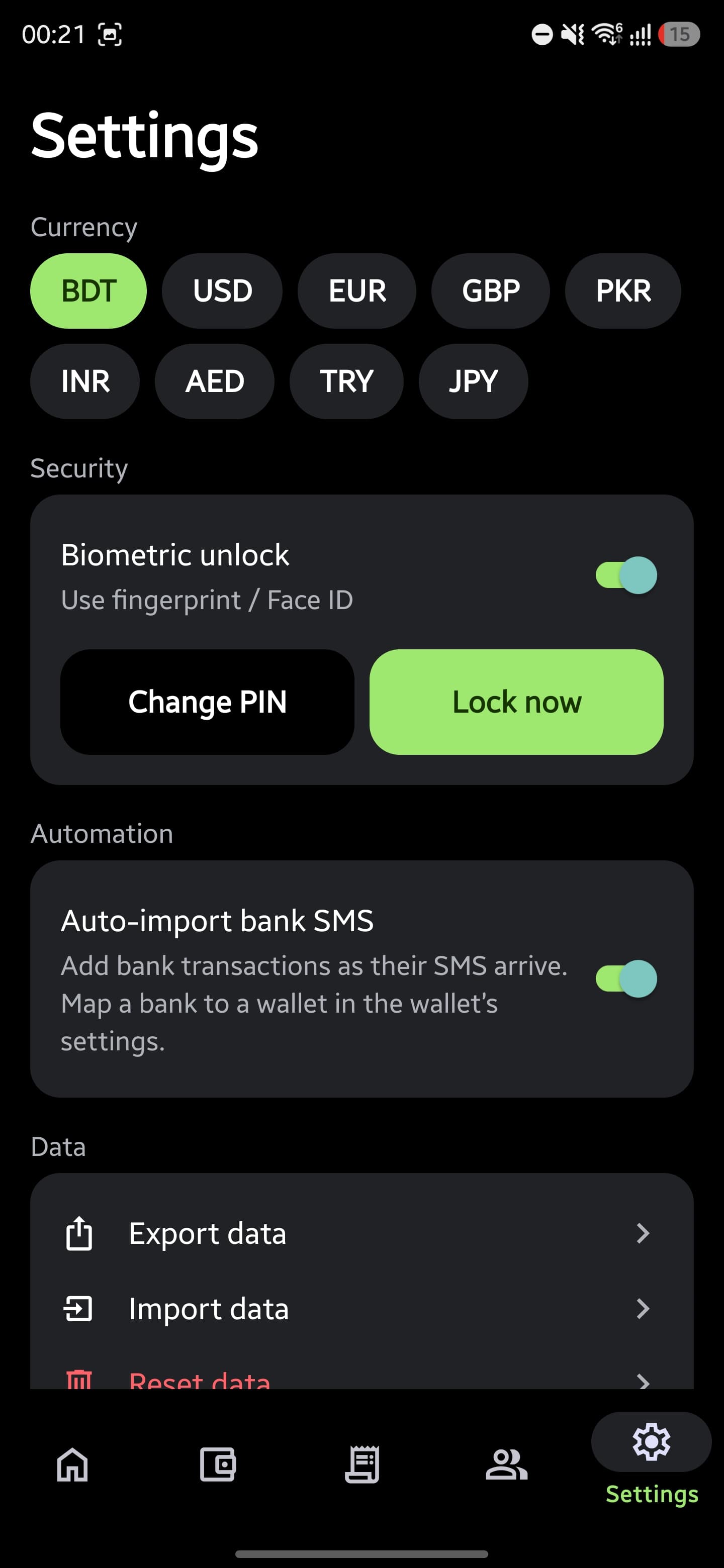 FinX settings with currency selection, biometric unlock, automatic bank-SMS import, and data export and import