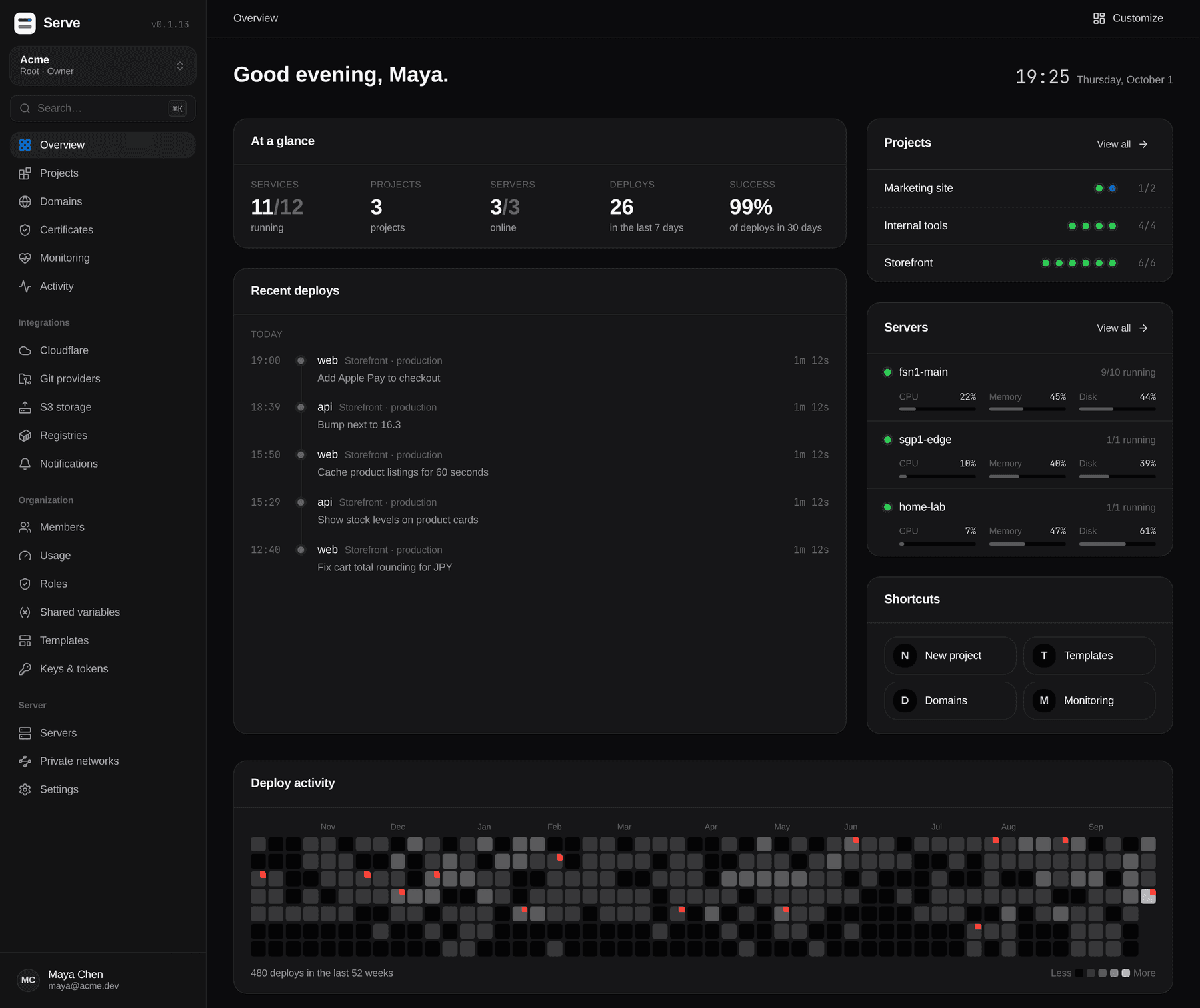 The Serve overview: running services, recent deploys, project and server health, and a year of deploy activity